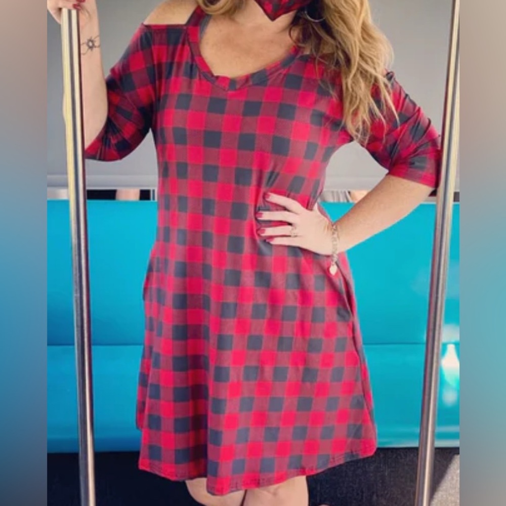 Buffalo Plaid Cold Shoulder Dress